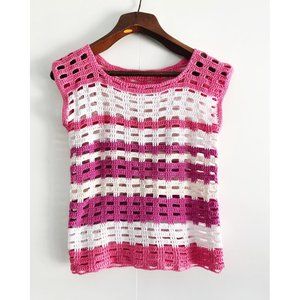 1970s Top, Size M, Vintage Crochet Shirt, Pink Knit Sleeveless Shirt